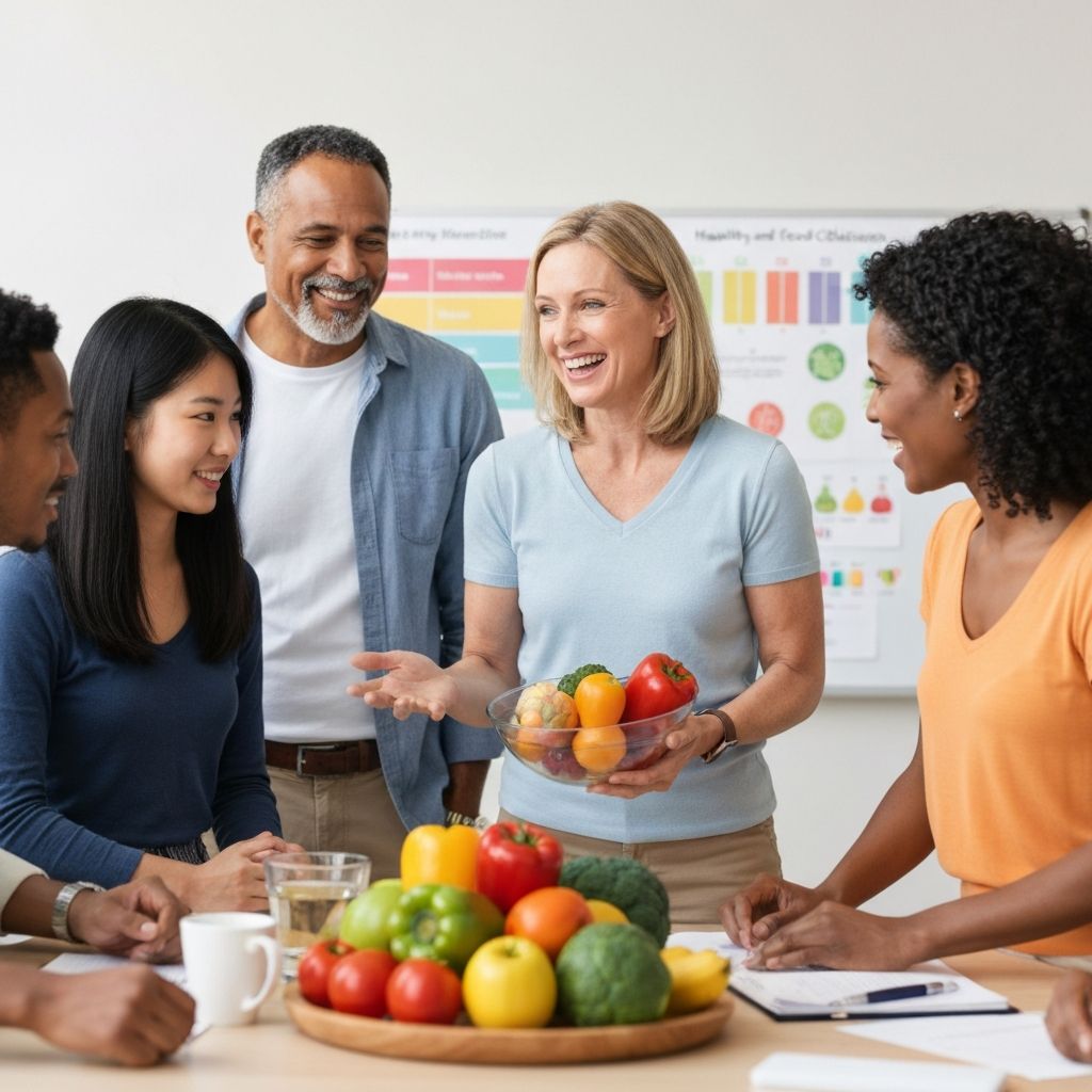 Diverse group learning about healthy food choices